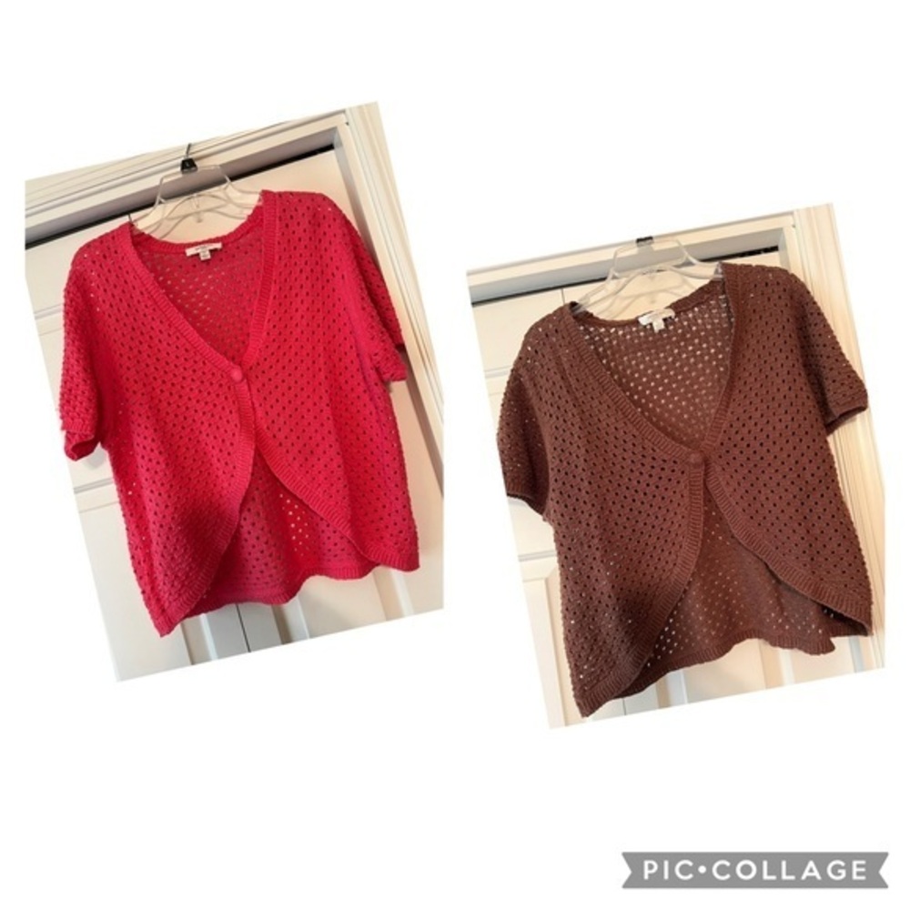 BUNDLE Two Pink Brown Liz Claiborne Crochet Knit Shrugs EUC L #2115